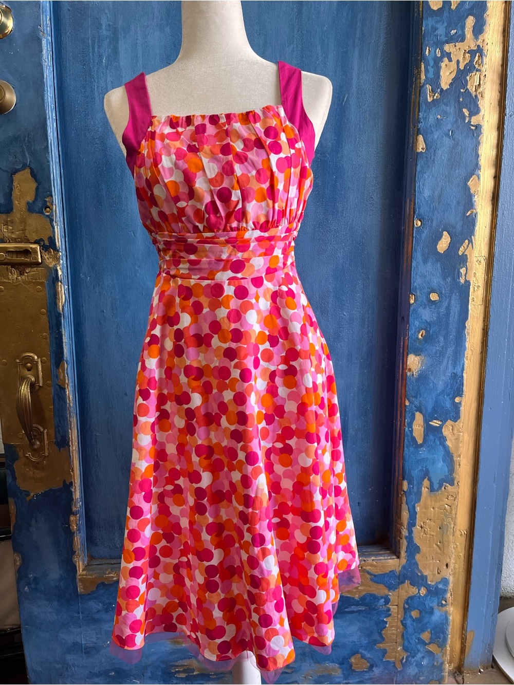 Rare Editions Vintage Hot Pink Multicolor Polka Dot Midi Dress